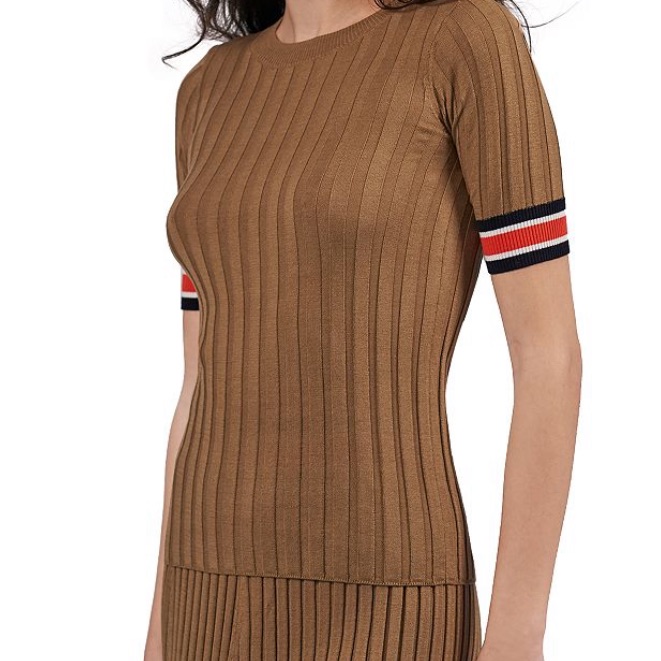 Atm Anthony Thomas Melillo Rib-Knit Silk-Cotton Ff Stripe-Trim Short Sleeve Top